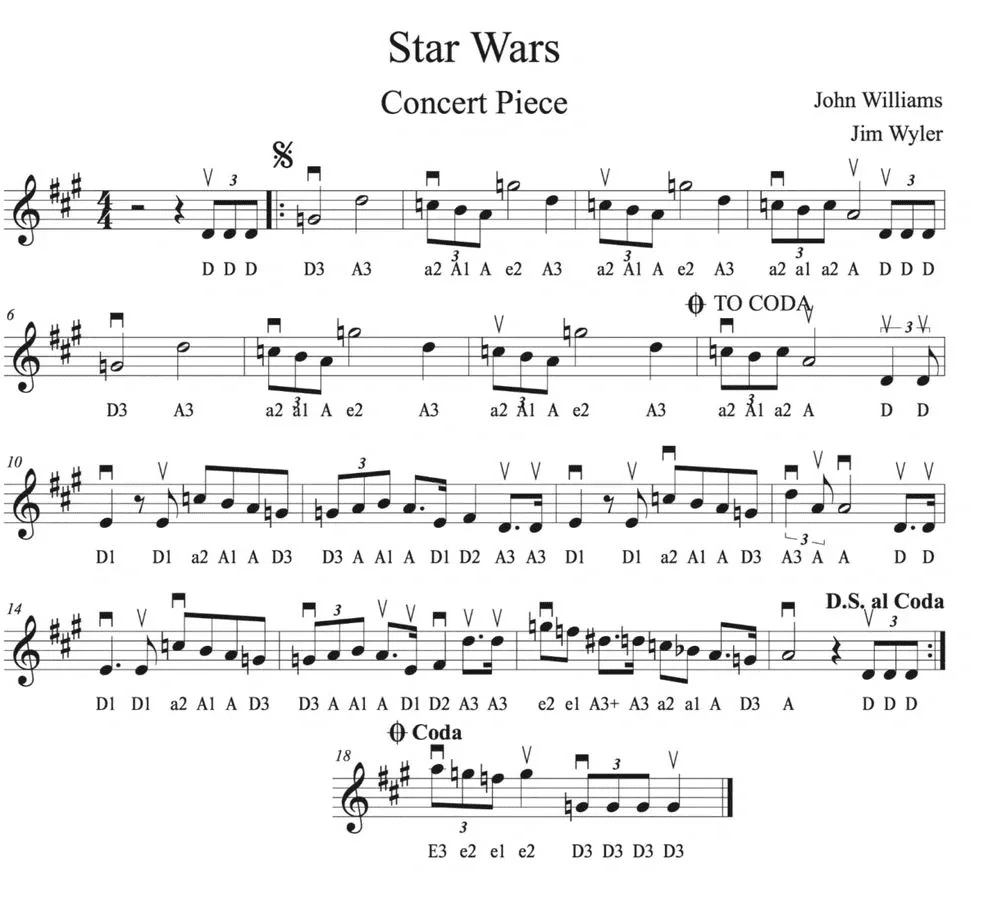 A sheet music with star wars theme.