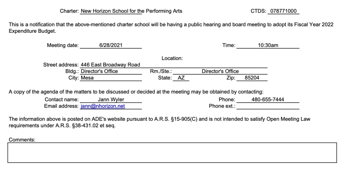 A form that is written in english and has information about the performing arts.