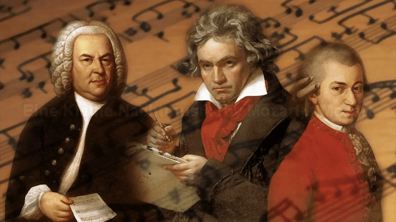 A painting of three composers, including beethoven and bach.