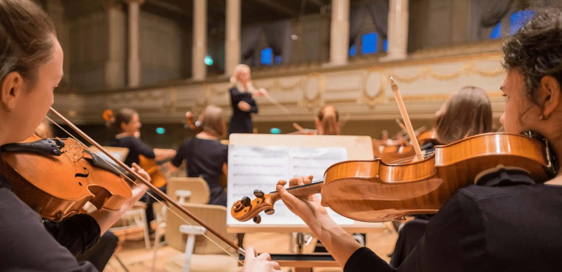 A group of people playing musical instruments in an orchestra.