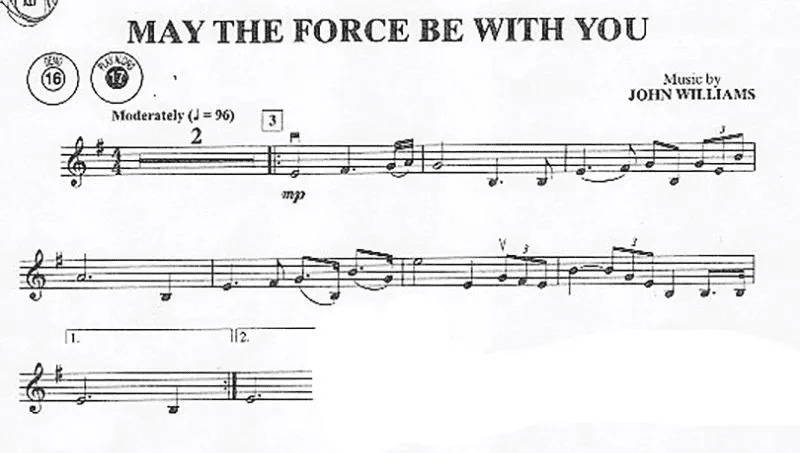 A sheet music with the words may the force be with you written on it.