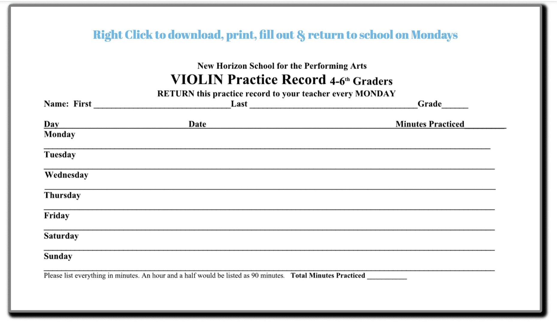 A sheet of paper with the words " violin practice record 4. 0 6 graders ".