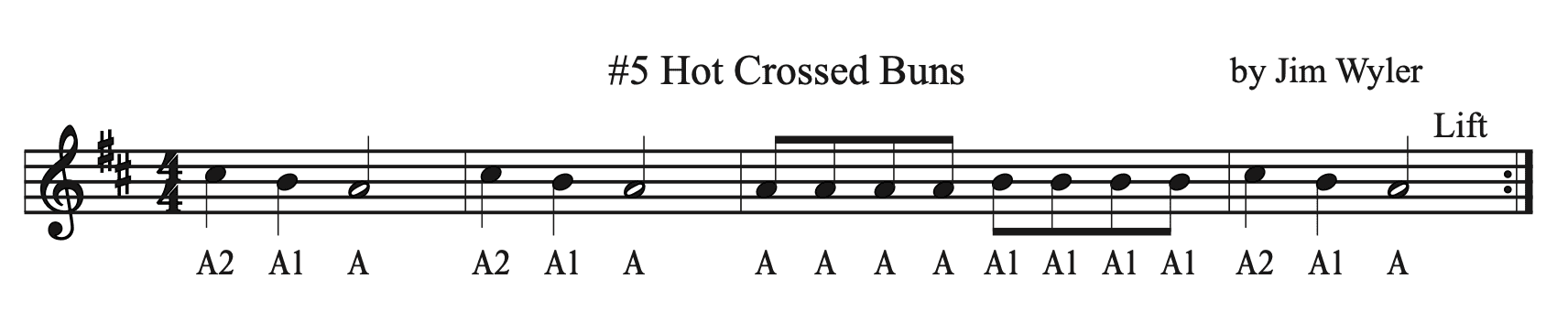 A musical score with the words " 5 hot crossed buns ".