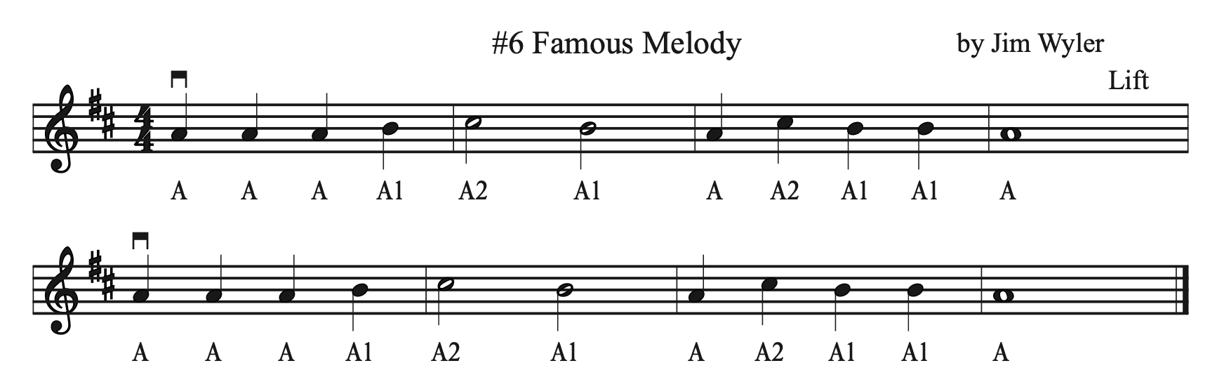 A musical score with the names of six famous melodies.