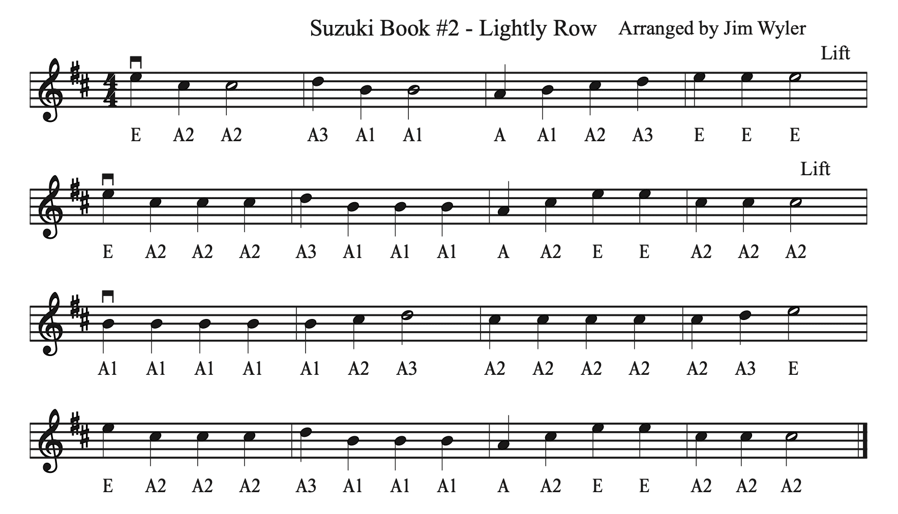 A sheet music with four different notes in each row.