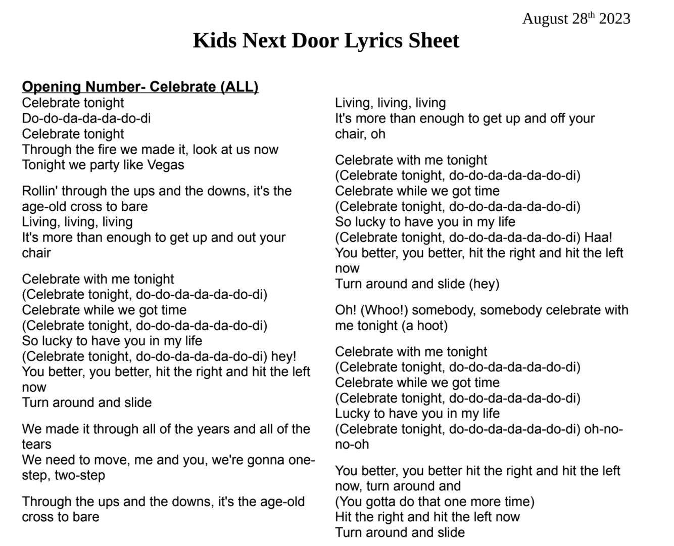 A sheet of lyrics for kids next door