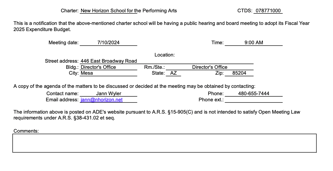 Screenshot 2024-06-13 at 1.04.02 PM A partially filled form titled 'New Horizon School for the Performing Arts' for a public hearing with sections for date, time, location, and contact details.