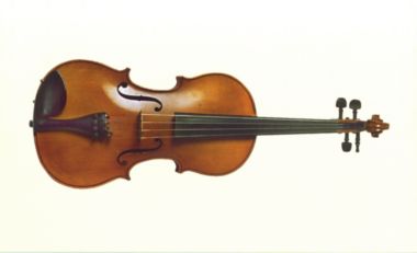 A classic wooden violin with four strings displayed against a plain white background.