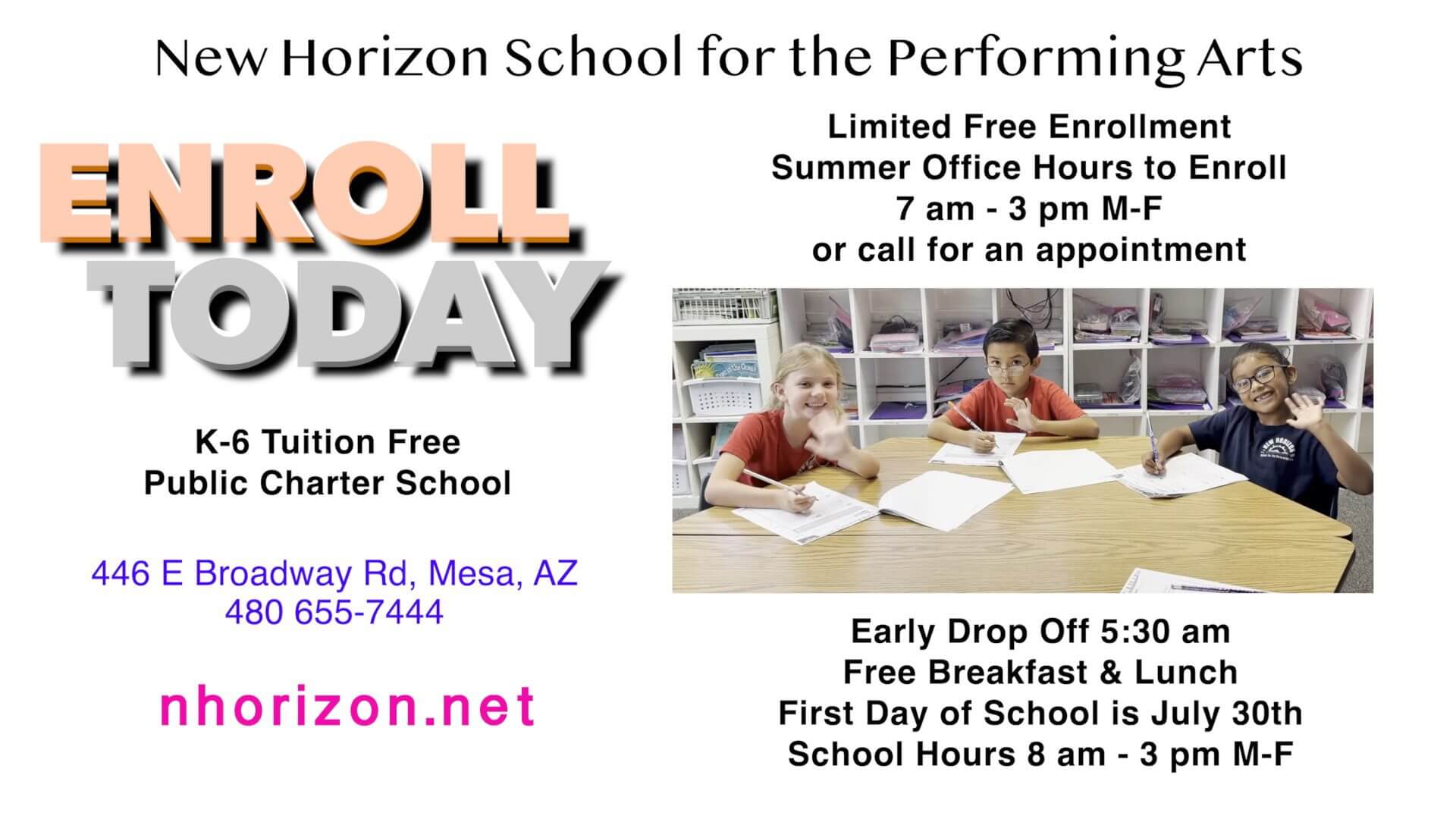 Flyer for Roll Days at Horizon School with enrollment info, summer office hours, and welcome message for new students.