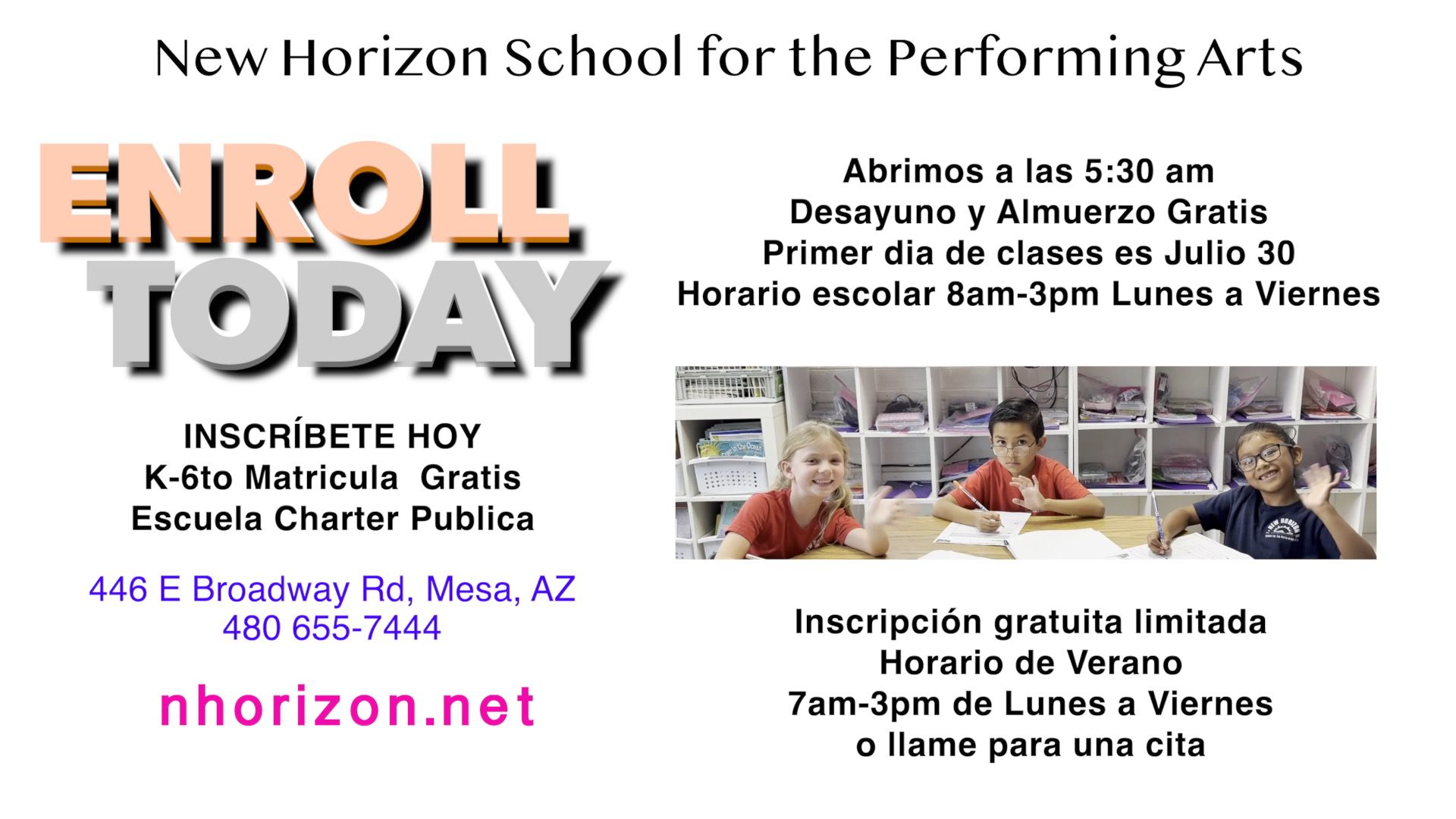 Flyer for a free event at Horizon School for the Performing Arts featuring breakfast, lunch, and performances from 8am to 3pm.